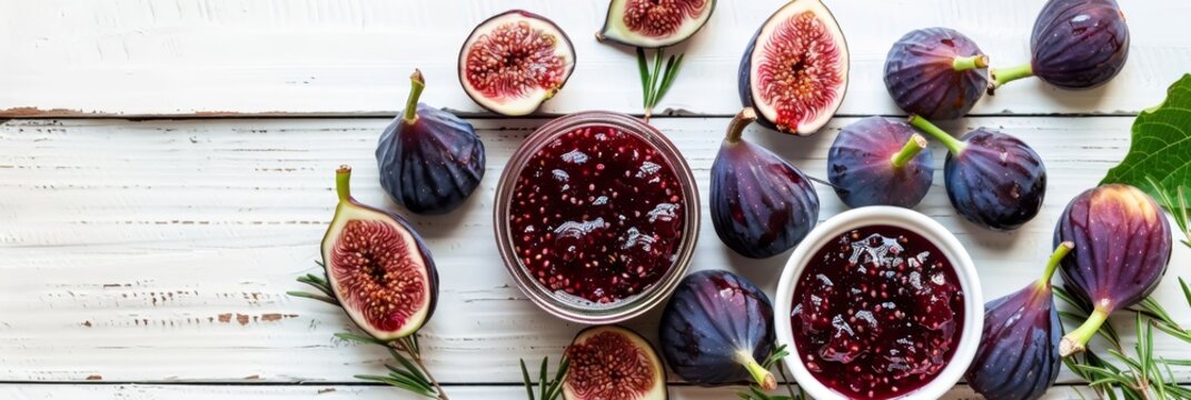 Fig jam jar, sweet ficus carica confiture, canned fig marmalade, figa jelly in glass jar, fruit spread closeup