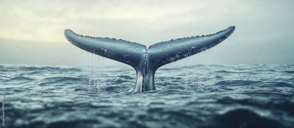 Poster Close up of a large whale s tail above the surface of the water. with copy space image. Place for adding text or design