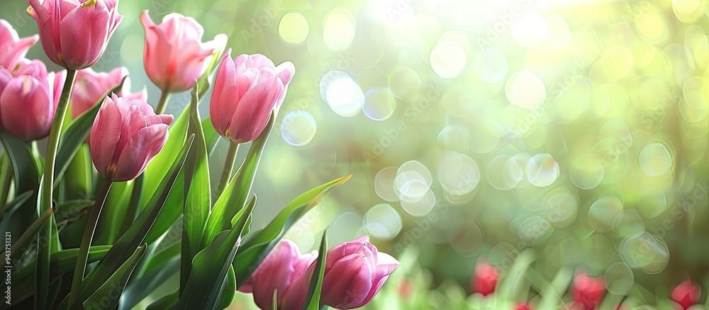 Poster delicate spring tulips bloom in the garden with pink tulips set against the garden background. with 