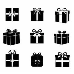 Gift box icon, giftbox silhouettes, congratulation present minimal logo, shopping symbol, parcel sign