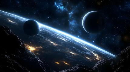 Obraz premium A stunning view of a distant planet with two moons and a starry sky.