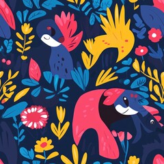 A vibrant illustration featuring stylized animals and colorful plants on a dark background.