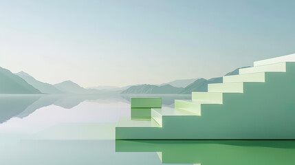 minimalist podium for product presentation against the background of mountains and seas