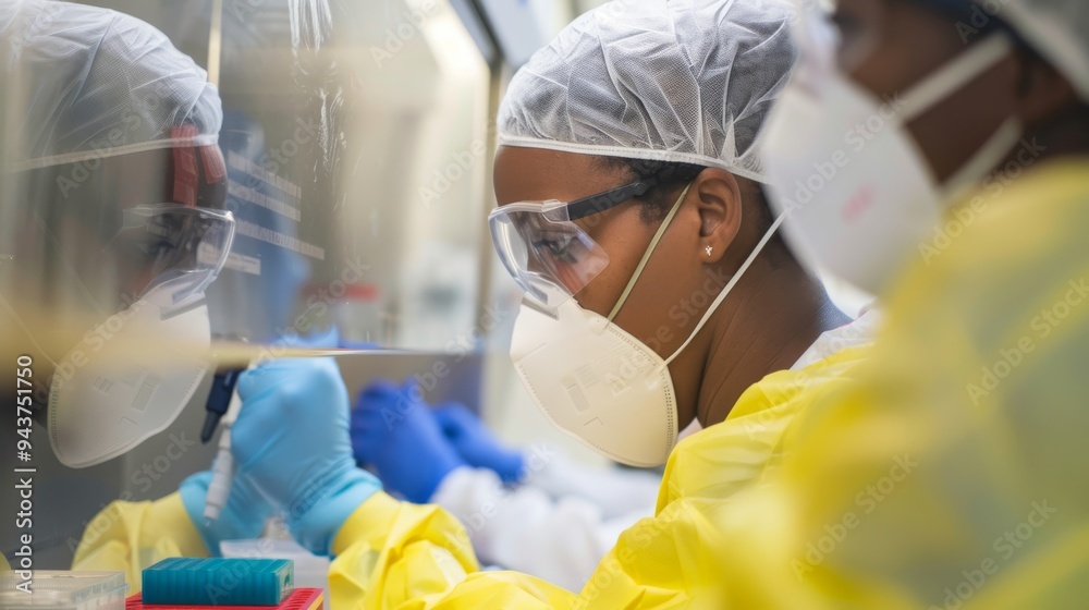 Aufkleber Research scientists wearing protective gear and working with lab instruments, focusing on their tasks in a clean and organized laboratory space.