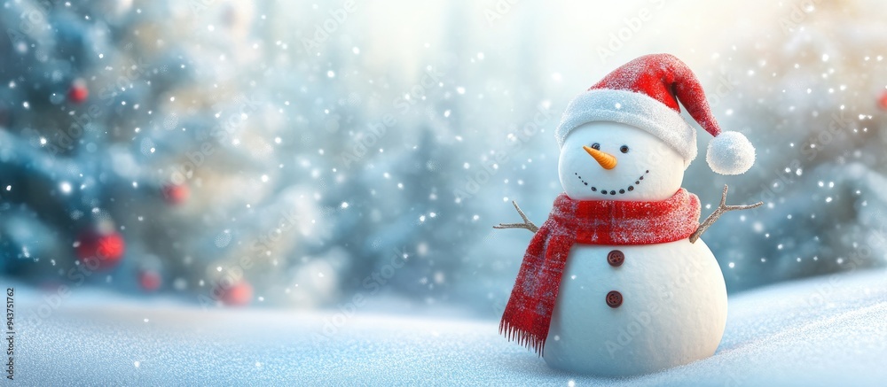 Aufkleber Joyful snowman in a winter Christmas setting. with copy space image. Place for adding text or design