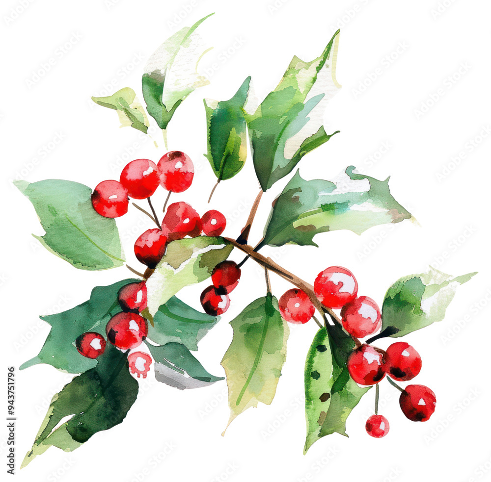 Sticker PNG Vibrant watercolor holly branch illustration