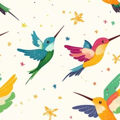 Fototapeta premium A vibrant pattern featuring colorful hummingbirds in flight against a light background.