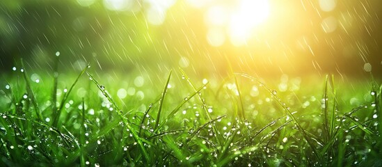 Beautiful vibrant shiny green grass with dew drops in close up featuring copy space Fresh delightful greenery with raindrops illuminated by sunlight in macro view Background of textured green plants i