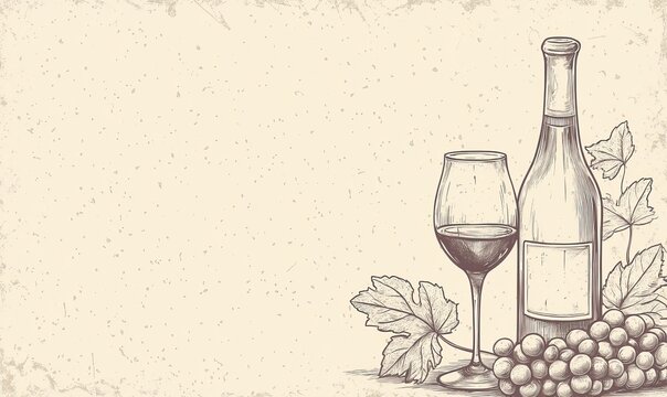 The image shows a wine bottle and glass with grapes on a white background. This abstract hand drawn art is for social media banner templates with a copy space.