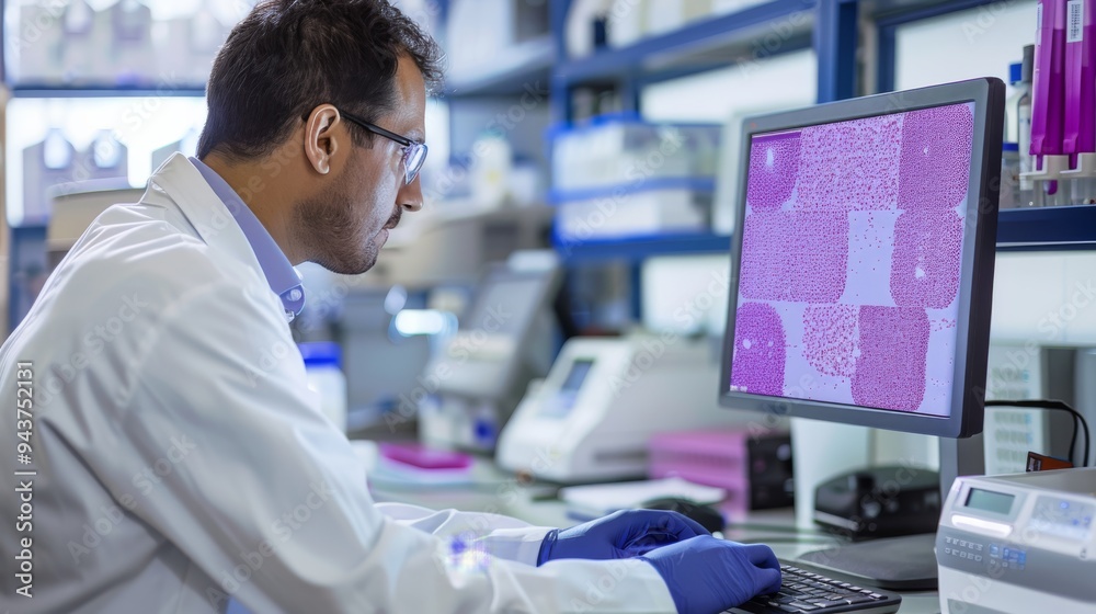 Poster researcher analyzing cell growth on computer screen in lab