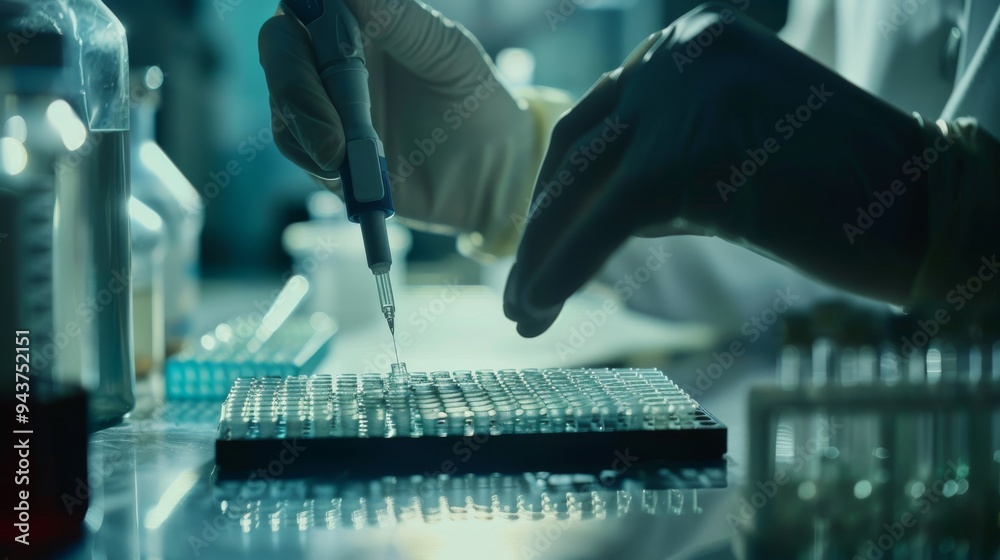 Poster researcher filling microplate using pipette in a high-tech laboratory