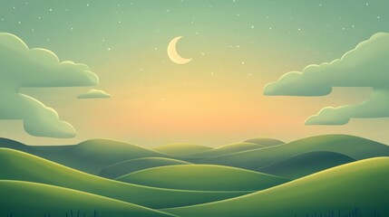 Obraz premium Green Hills Under a Crescent Moon and Starry Sky - Illustration