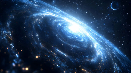 Obraz premium A stunning view of a galaxy with a glowing core and a distant planet.