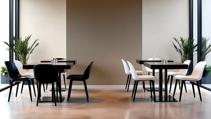 Modern Cafe restaurant interior with empty chair. Contemporary dining experience. Fashionable stylish interior of a summer outdoor cafe.