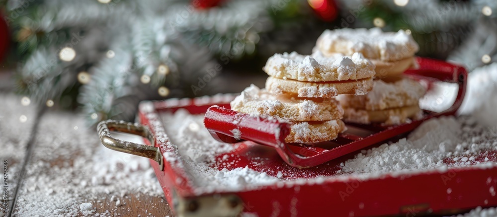 Aufkleber Small red vintage sled loaded with Christmas cookies. with copy space image. Place for adding text or design