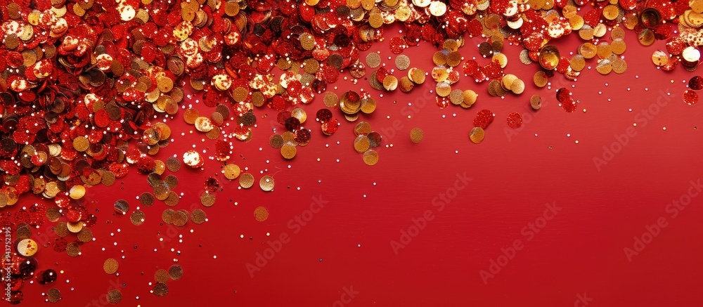 Poster Border of shiny golden confetti on a red background viewed from above Room for text. with copy space image. Place for adding text or design