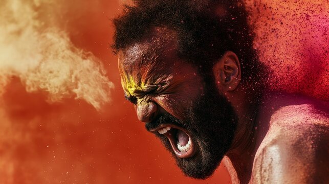 A black man shouts in fire and copy space