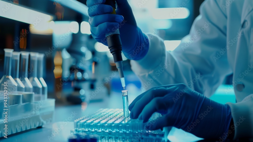 Poster Scientist pipetting samples into a microplate in a modern lab