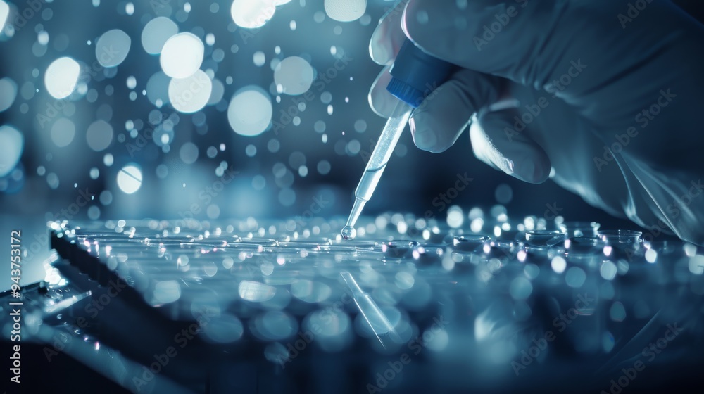 Aufkleber scientist preparing microplate with pipetted samples in laboratory