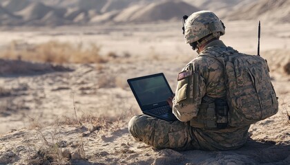 Soldier using laptop and radio for target tracking during desert military operation