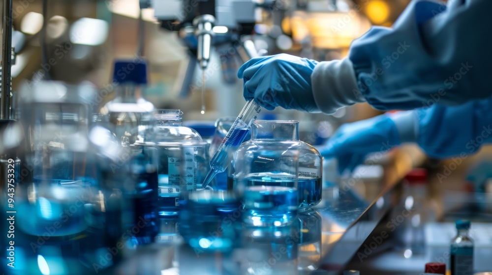 Poster scientists conducting precise measurements and mixing chemicals in a controlled laboratory setting, 