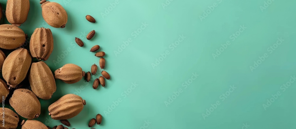 Fototapete tamarind fruit with seeds isolated on a green background featuring copy space for your text top view