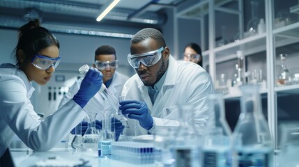 Scientists analyzing samples in a high-tech laboratory setting, wearing lab coats and safety goggles, surrounded by advanced equipment and glassware.