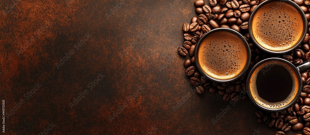 Aufkleber Close up images of coffee cups on coffee beans morning beverages set against a dark brown background with space for written messages. with copy space image. Place for adding text or design