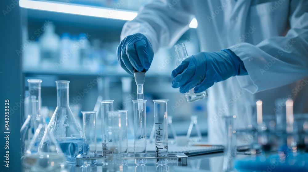 Poster scientists conducting precise measurements and mixing chemicals in a controlled laboratory setting, 