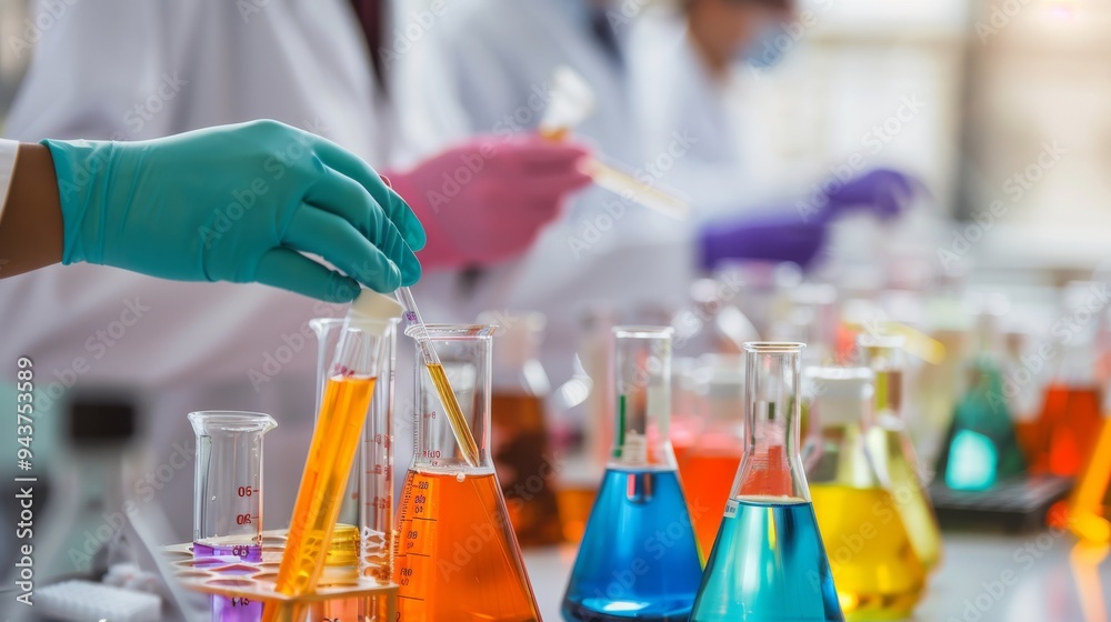 Poster scientists working with chemical formulas in a modern laboratory