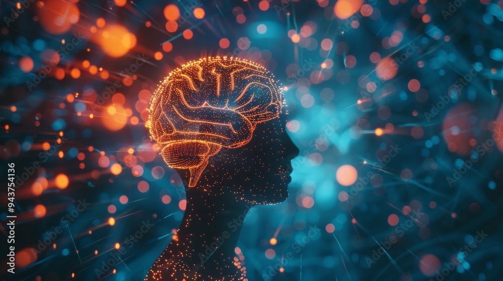 Poster Silhouette of a human head with a glowing brain and dynamic light patterns swirling around it, set against a high-tech, abstract backdrop