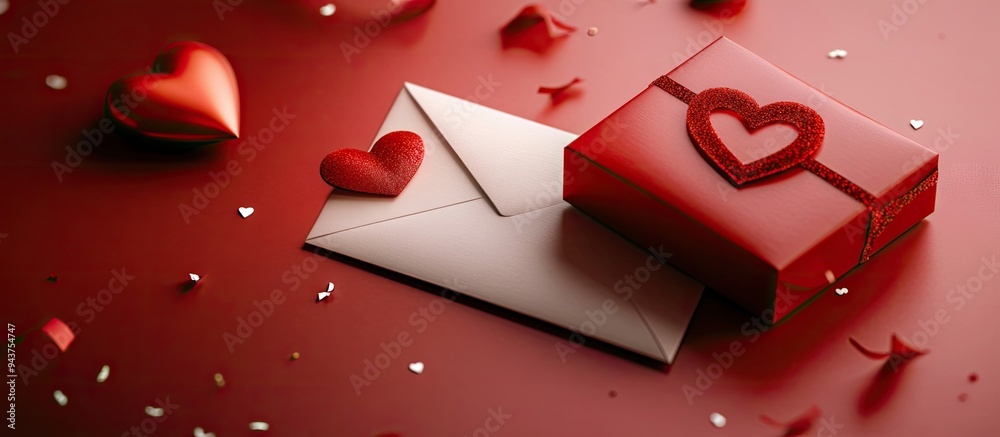 Aufkleber Valentine s Day card mockup featuring an envelope and a heart shaped gift box on a red paper backdrop. with copy space image. Place for adding text or design