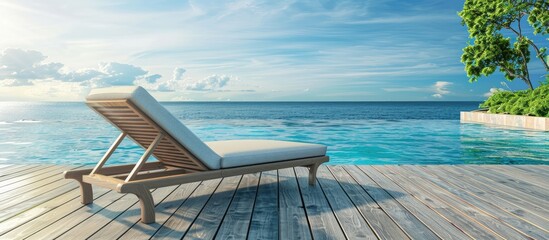 Obraz premium Empty deck chair or chaise longue The idea of relaxation sunbathing in the yard on a sunbed. with copy space image. Place for adding text or design
