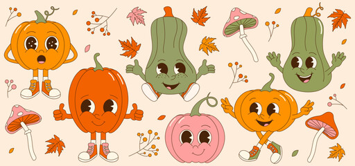 Naklejka premium Retro collection of cute pumpkin stickers. Groovy cartoon characters