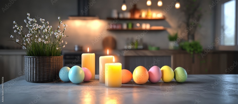 Leinwandbilder easter decor featuring candles and vibrant eggs in the kitchen setting easter backdrop. with copy sp
