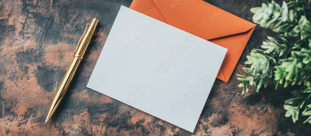 Aufkleber a blank white card beside a golden pen and an orange paper envelope. with copy space image. Place for adding text or design
