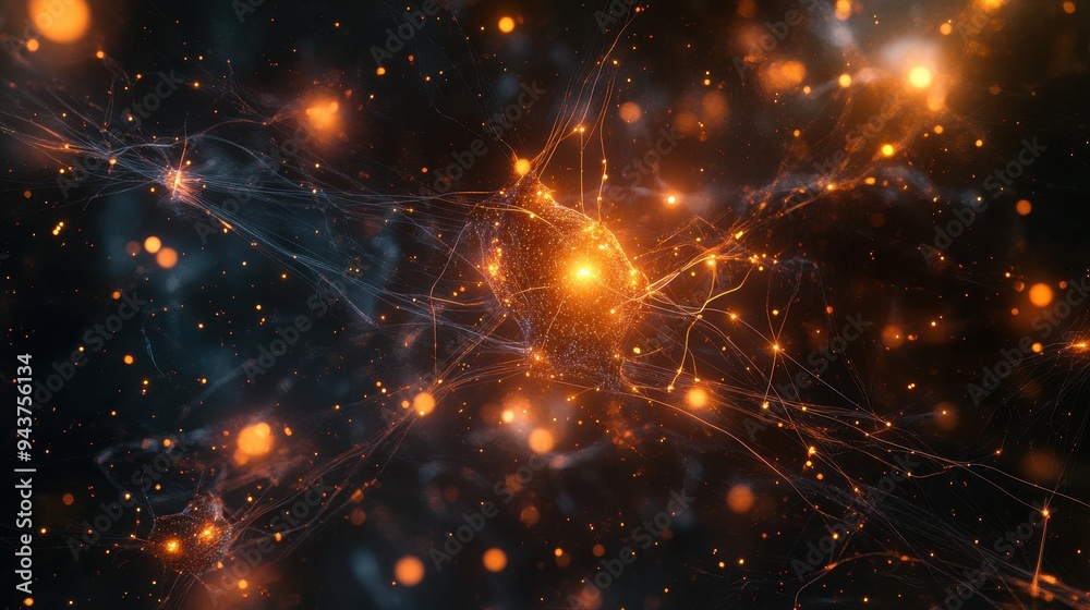 Poster abstract neuron network with glowing lights and sparks - neural science background