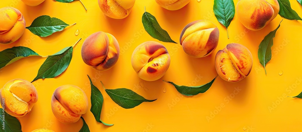 Aufkleber A plate with several whole fresh ripe peaches and green leaves is set on a white table in a flat lay arrangement There is space for text. with copy space image. Place for adding text or design