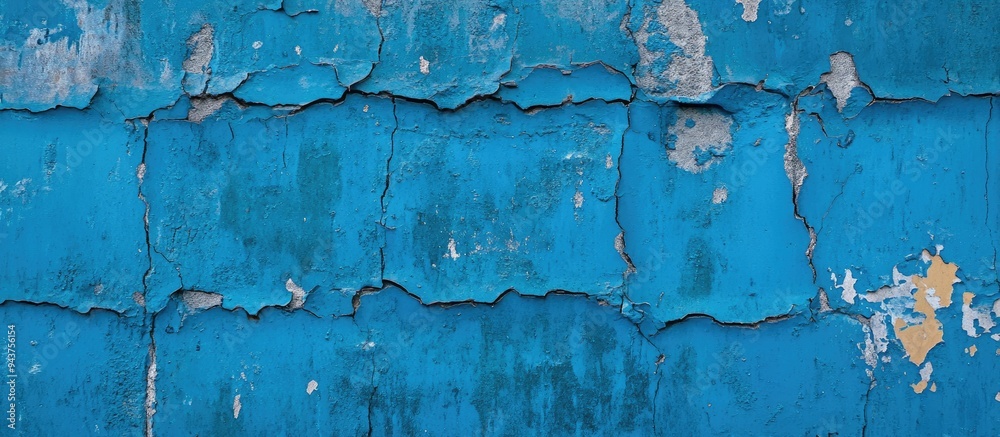 Poster Close up and front view of an old wall featuring blue paint and cracks located in Gye dong Jongno gu Seoul South Korea. with copy space image. Place for adding text or design