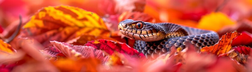 Fototapeta premium Captivating Snake Nestled Amidst Vibrant Autumn Leaves in Natural Setting