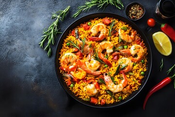Photo of rice with seafood, paella, Mediterranean Diet