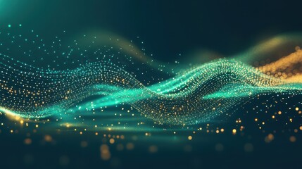 Abstract Teal and Gold Glitter Wave Background, Digital Art, Technology, Futuristic Design.
