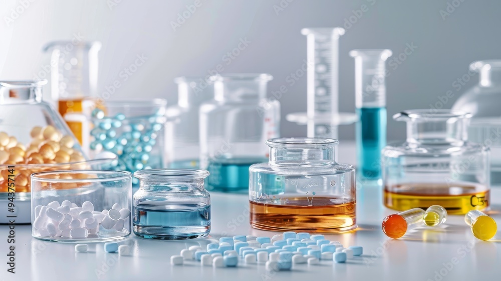 Poster various chemical containers arranged neatly on a lab bench