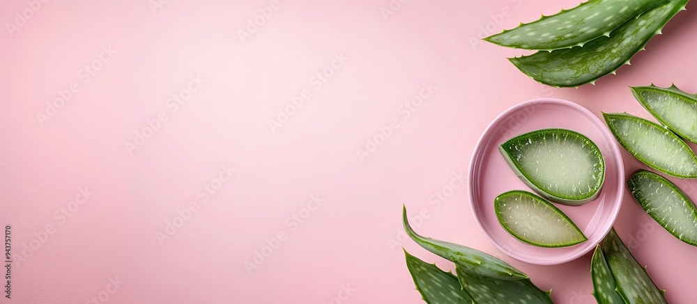 Aufkleber flat lay arrangement featuring cosmetic products and sliced aloe leaves on a pink background space f