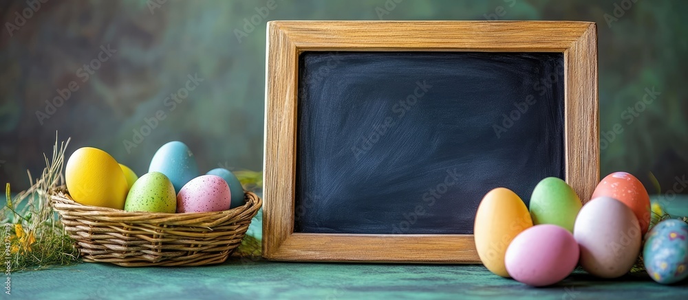 Fototapete empty chalkboard and vibrant Easter eggs in a basket on a green background. with copy space image. Place for adding text or design
