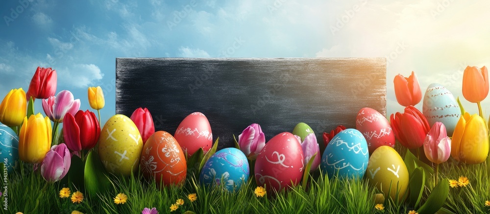 Leinwandbilder Colorful Easter eggs and tulips over a wooden sky background with a chalkboard for placing text. with copy space image. Place for adding text or design