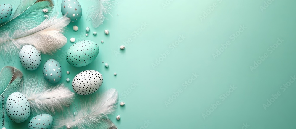 Aufkleber Banner featuring Easter eggs and feathers on a green background Long banner format top view. with copy space image. Place for adding text or design