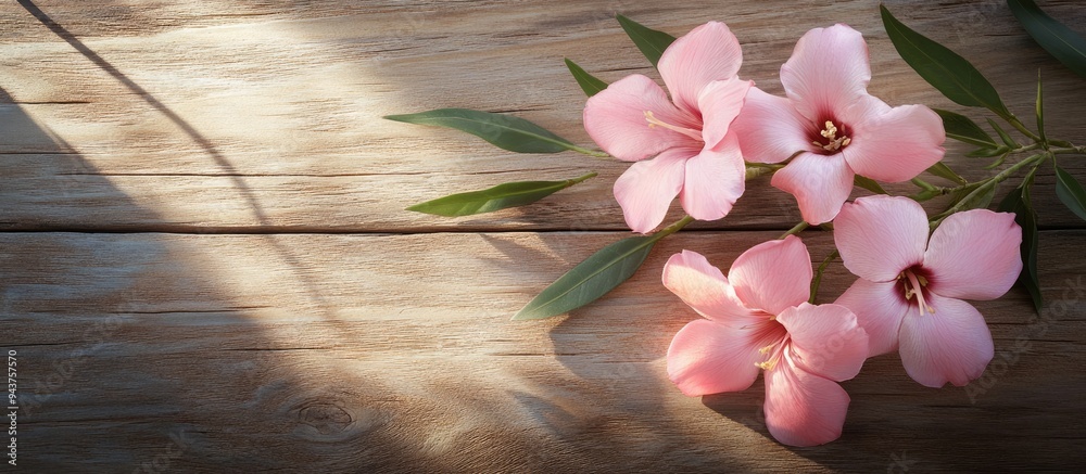 Aufkleber oleander on wood pink blooms on a wooden surface. with copy space image. place for adding text or de