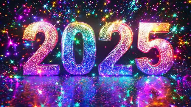 2025 happy new year colorful shiny particles with fireworks celebration background