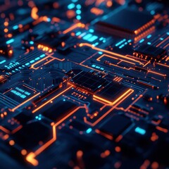 Obraz premium Abstract Futuristic Circuit Board with Glowing Orange and Blue Lines - High Tech Background.